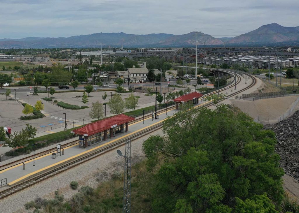 aerial view of one of the West Jordan UTA TRAX stations