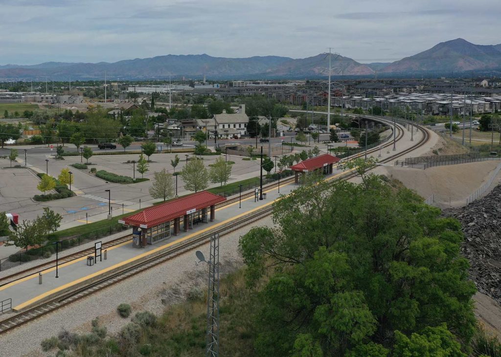aerial view of one of the West Jordan UTA TRAX stations