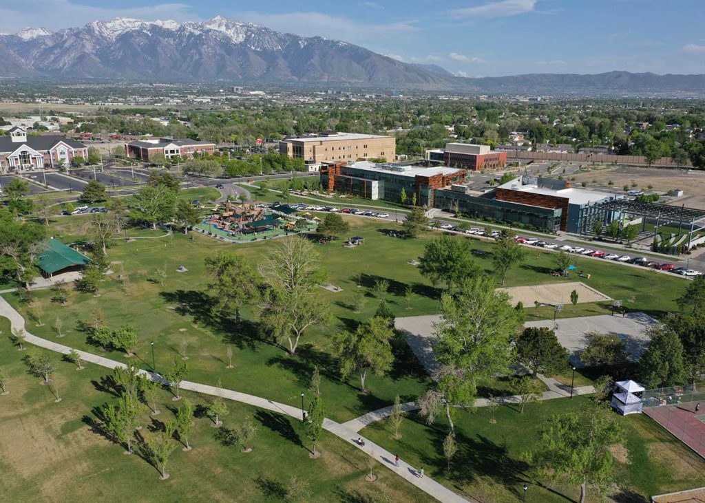 aerial view of library, park, and West Jordan city hall