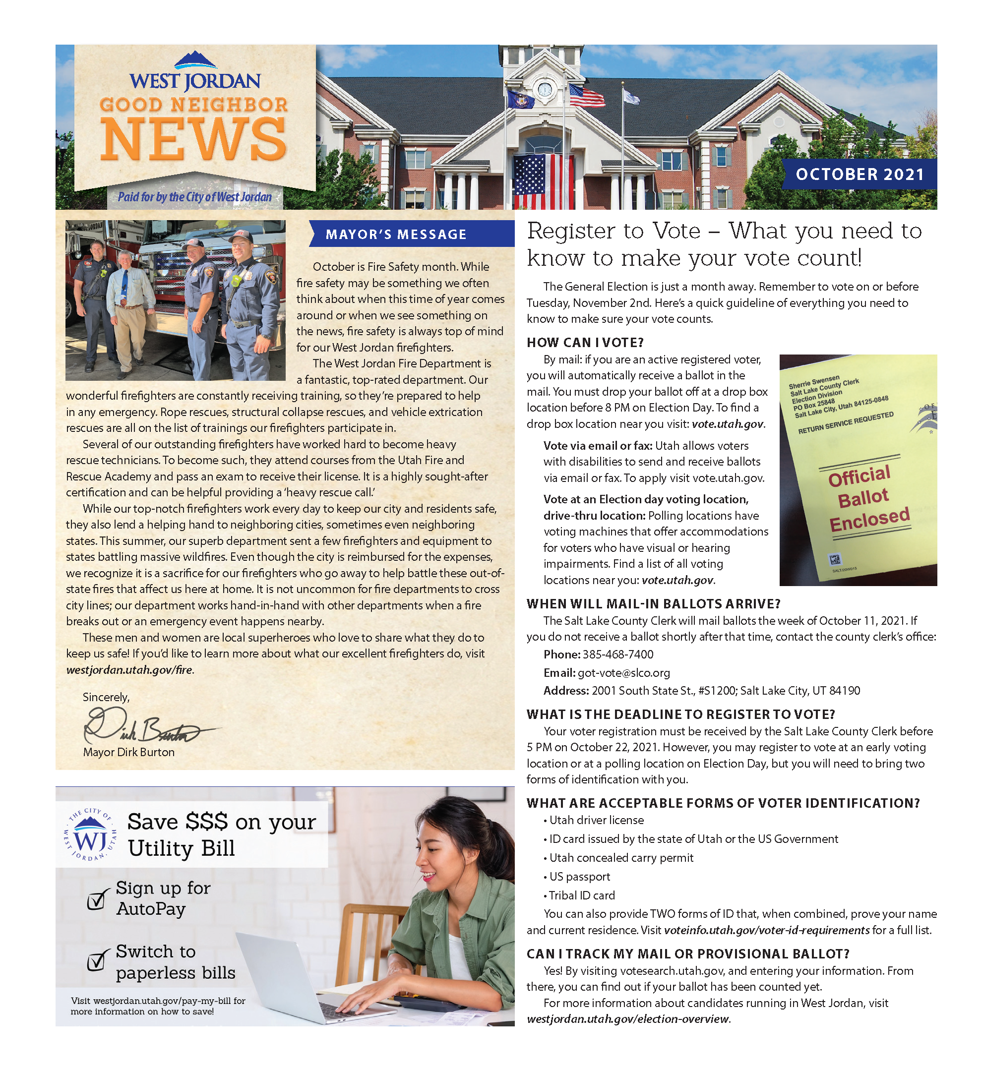 The image is a digital page from a newsletter titled "West Jordan Journal," dated October 2021. The layout includes a header with the title and a main article about the West Jordan City Council. The page is divided into sections with text and images. The top section has a group photo of the City Council members, each labeled with their name and title. Below the photo, there is text providing updates and information about the council's activities. The page uses a combination of bold headings and regular text, with a professional and informative design.