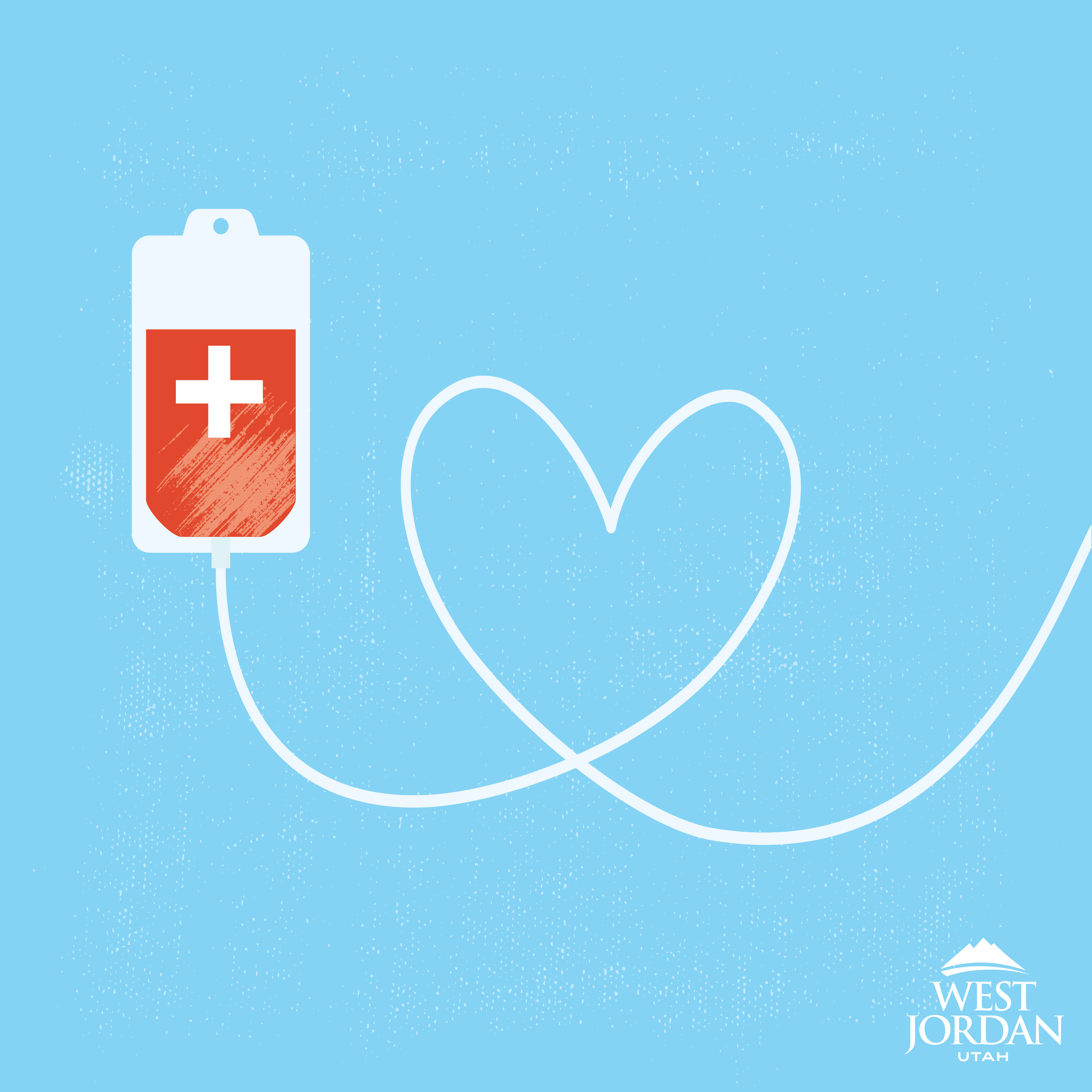 Illustration of a red blood donation bag with a white cross, connected by a tube forming a heart shape on a blue background. West Jordan, Utah logo is in the corner.