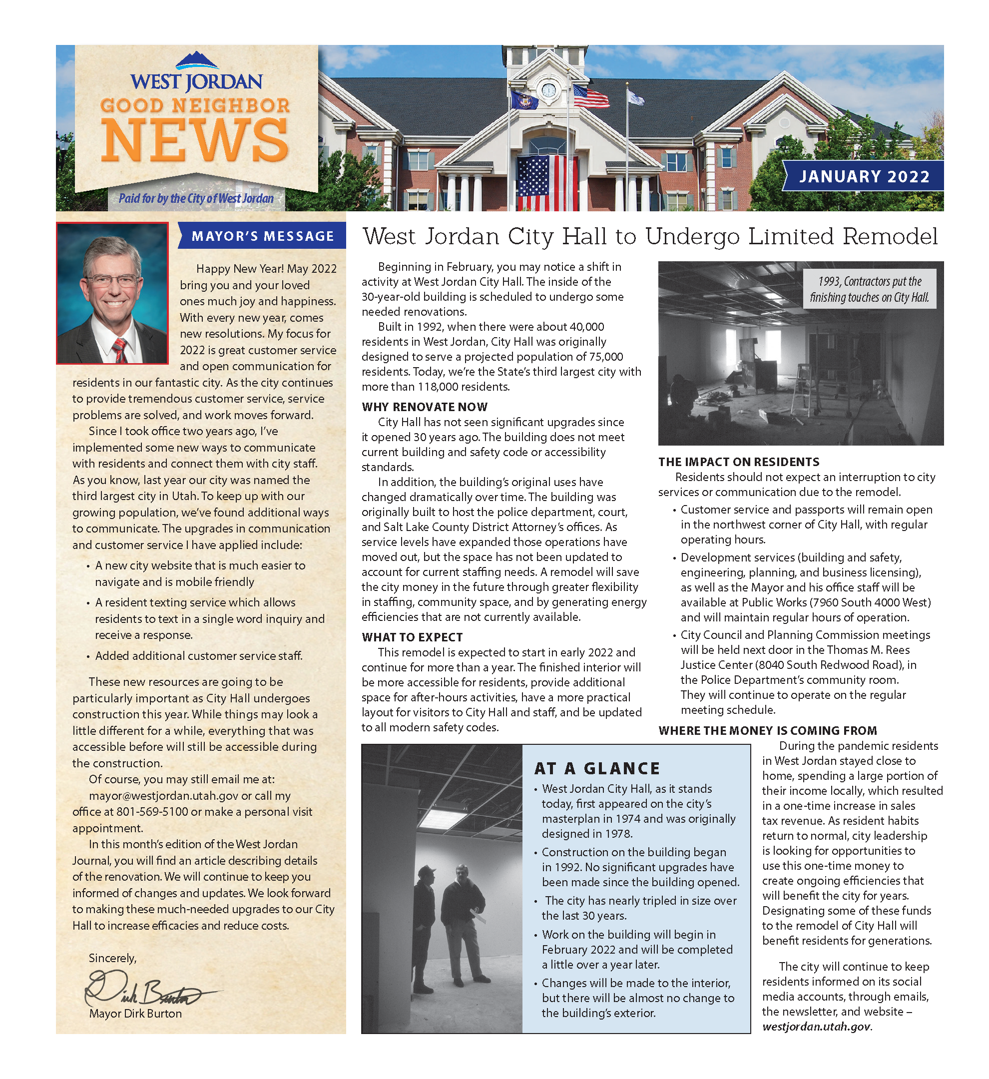 A newsletter titled West Jordan Good Neighbor News from January 2022, featuring articles on a city building remodel, impacts on residents, and a message from Mayor Dirk Burton. Includes images of a government building and people in a hallway.