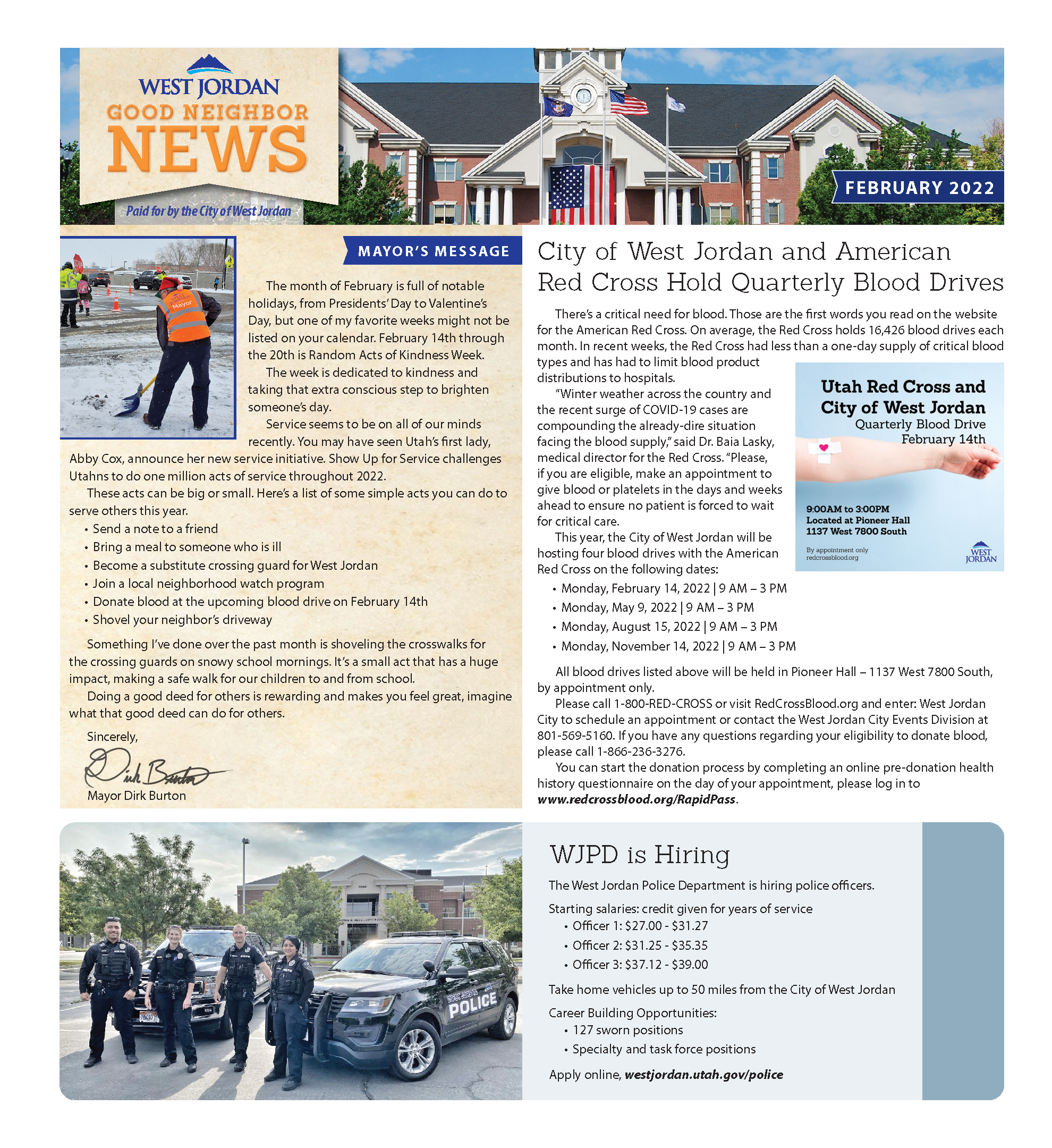 Newsletter titled West Jordan Good Neighbor News with sections including a Mayors message, blood drive information with a calendar, and a police hiring notice. Includes images of the mayor, police officers, and a WLJ Band flyer.