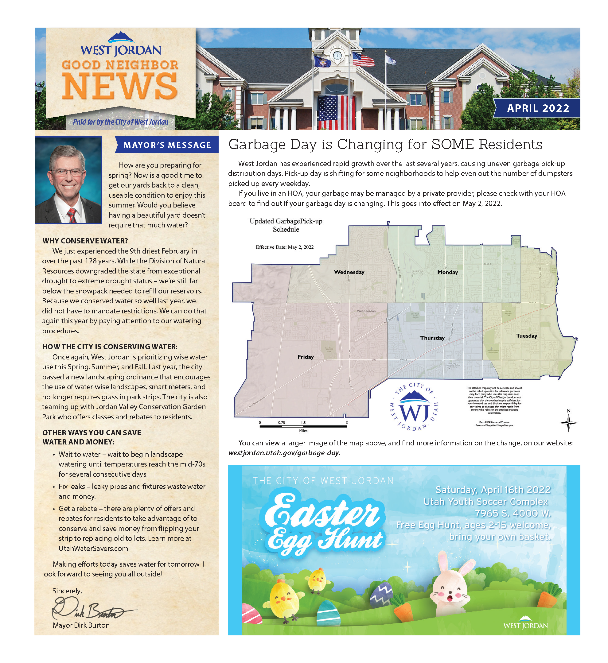 A newsletter titled West Jordan Good Neighbor News from April 2022. It includes a message about garbage day changes with a city map, a mayors message on water conservation, and a notice for an Easter Egg Hunt event on April 16, 2022.