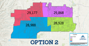 Map showing West Jordan divided into four quadrants, labeled by color: red (29,177), purple (29,868), blue (28,988), and green (28,928). A legend indicates the district colors, with Option 2 at the bottom.