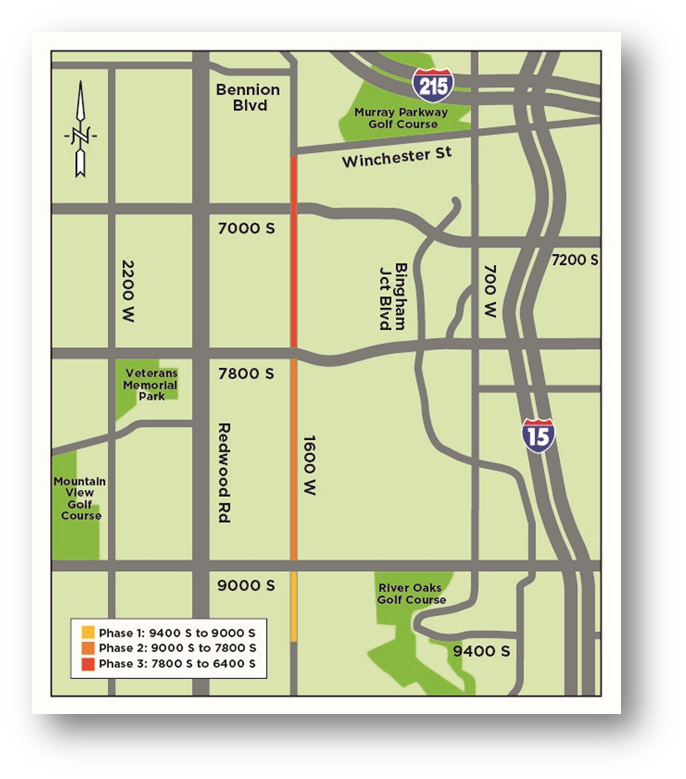 Map showing streets and landmarks in Utah. Key locations include Veterans Memorial Park, River Oaks Golf Course, and Mountain View Golf Course. Highlighted routes indicate phases: orange for Phase 1, red for Phase 2, and green for Phase 3.