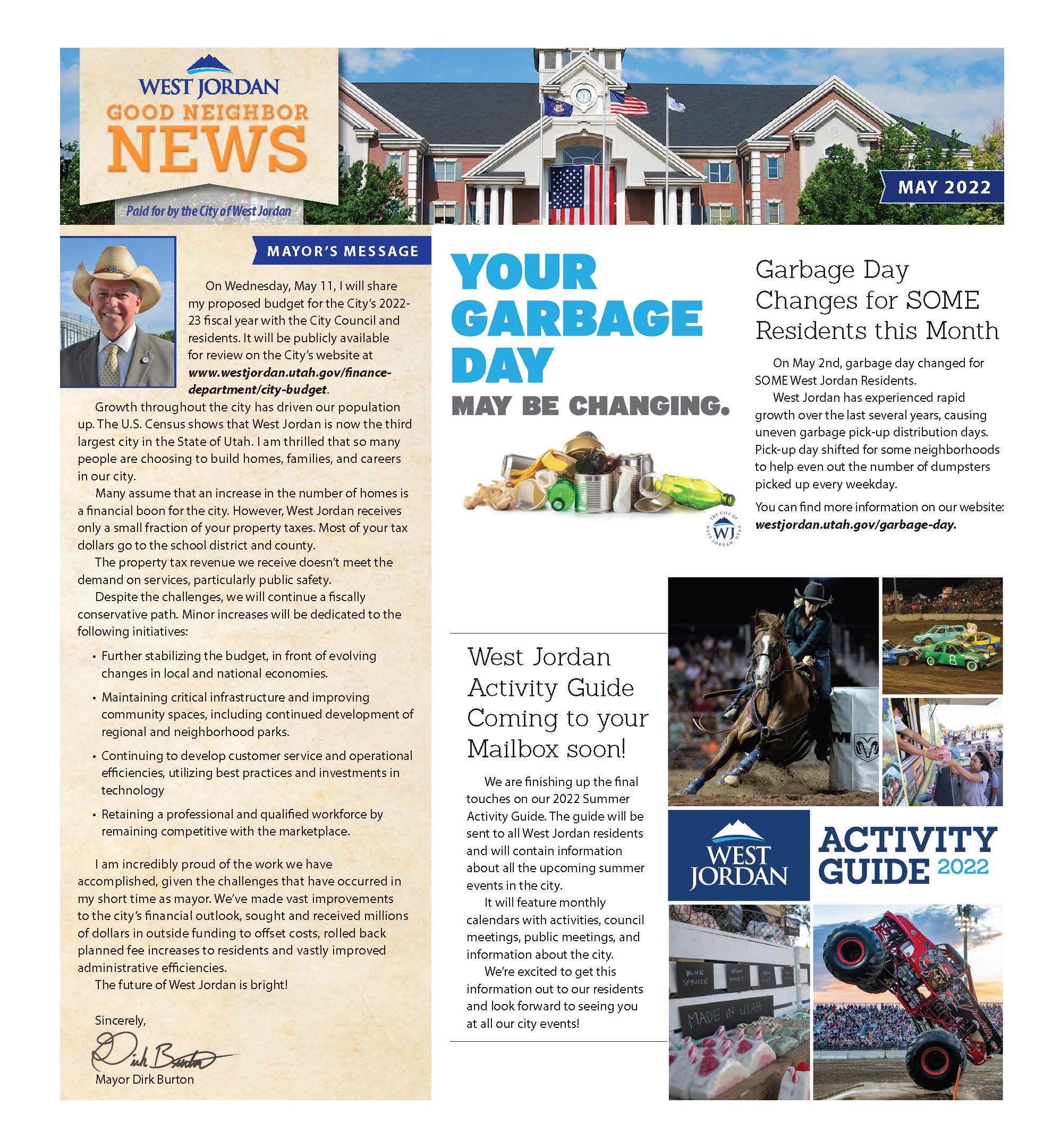 A newsletter features the May 2022 edition of West Jordan News. It includes a Mayors message, announcements about changing garbage days, and images of a man riding a bull and children playing. An Activity Guide for 2022 is highlighted.