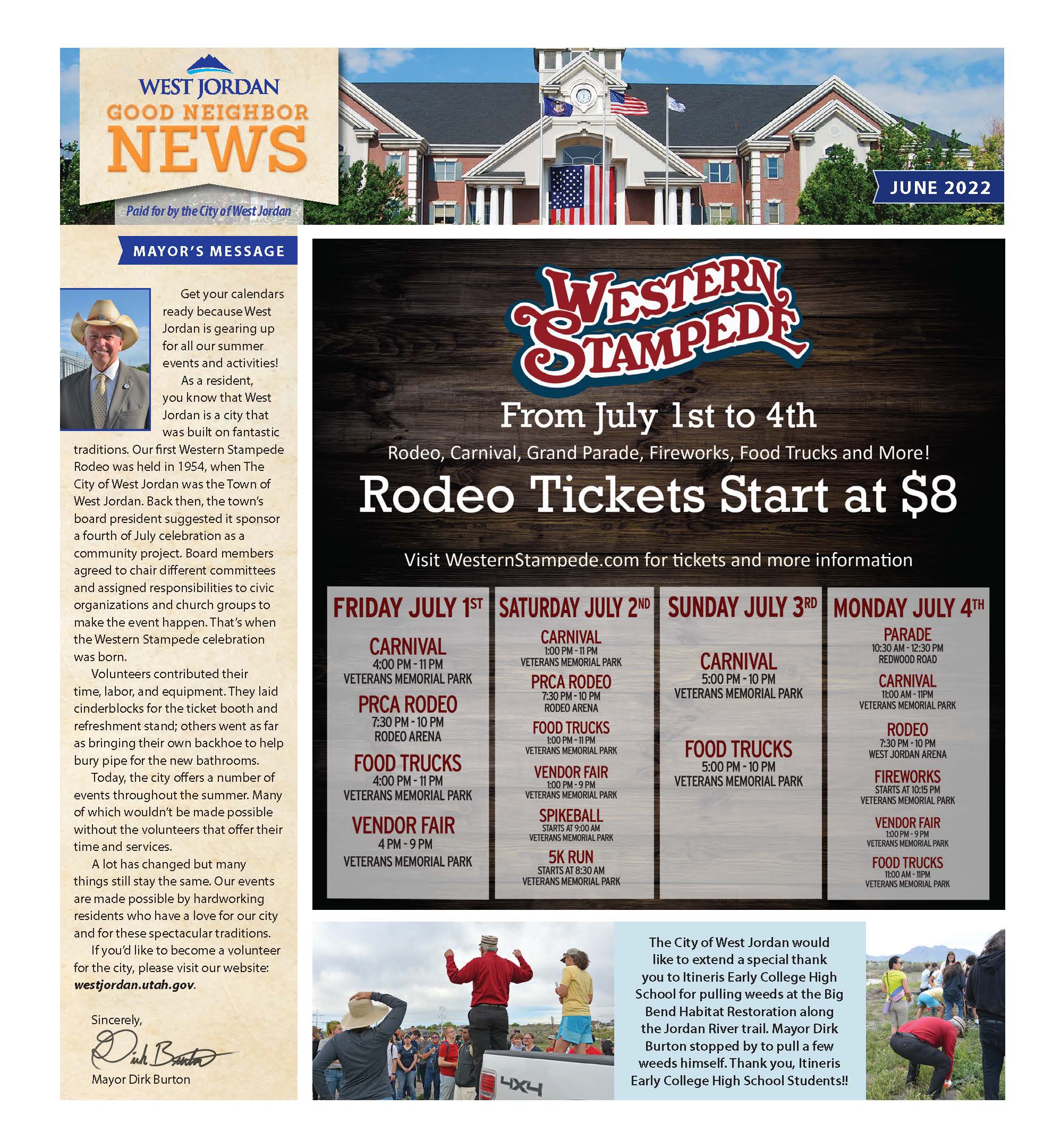 A newsletter titled Western Stampede with details about a rodeo and carnival from July 1-4, 2022. Includes a mayors message, event schedule, and a photo of a historic building with a flag. Tickets start at $8.