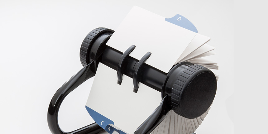 Image of a rolodex, the entries on the cards are blank