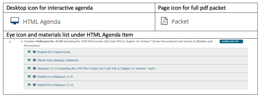 An interface showing two icons: HTML Agenda for an interactive agenda and Packet for a full PDF packet. Below, a list of agenda items includes requests and ordinances, each with an option to download a PDF.