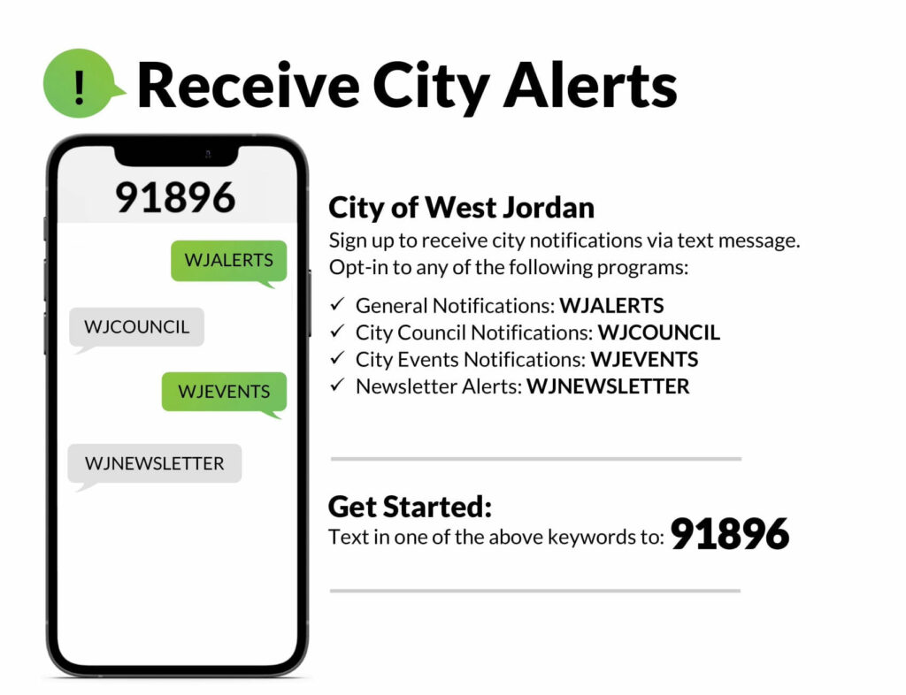 A smartphone screen shows a text message to 91896 for city alerts. Options include WJALERTS, WJCOUNCIL, WJEVENTS, and WJNEWSLETTER. Instructions: Text a keyword to 91896 to receive notifications for West Jordan City.