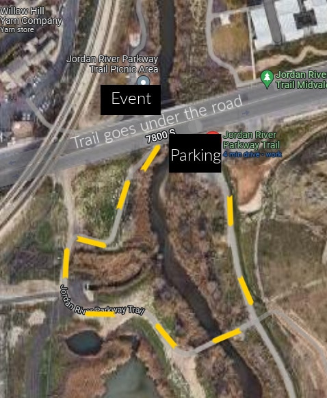 A map showing the Jordan River Parkway Trail intersection at 7800 S. The trail goes under the road. Locations labeled include parking and an event spot. The trail and a river are highlighted, surrounded by greenery and roads.