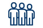 Icon of three simplistic human figures standing side by side in a minimalist line-art style. The figures are identical in shape and size, depicted in navy blue against a white background.