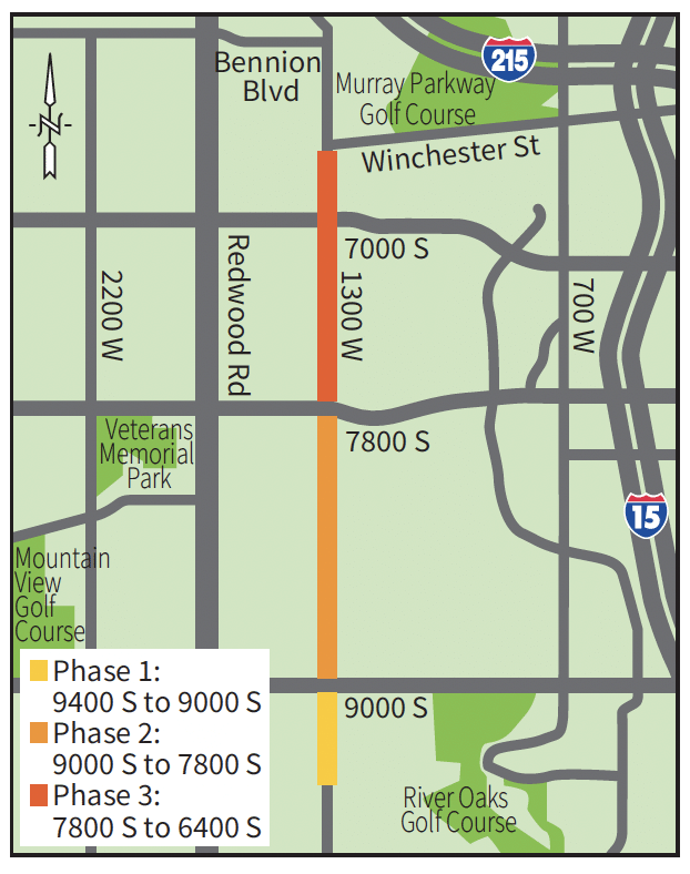 Map showing road work on Redwood Road, with phases marked by colored sections. Phase 1: 9400 S to 9000 S, Phase 2: 9000 S to 7800 S, Phase 3: 7800 S to 6400 S. Nearby landmarks include Veterans Memorial Park and Murray Parkway Golf Course.