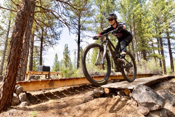 A cyclist wearing a helmet and sunglasses rides a mountain bike on a wooden trail through a forest. Sunlight filters through tall pine trees, casting shadows on the ground. The cyclist is mid-air, suggesting motion and speed.