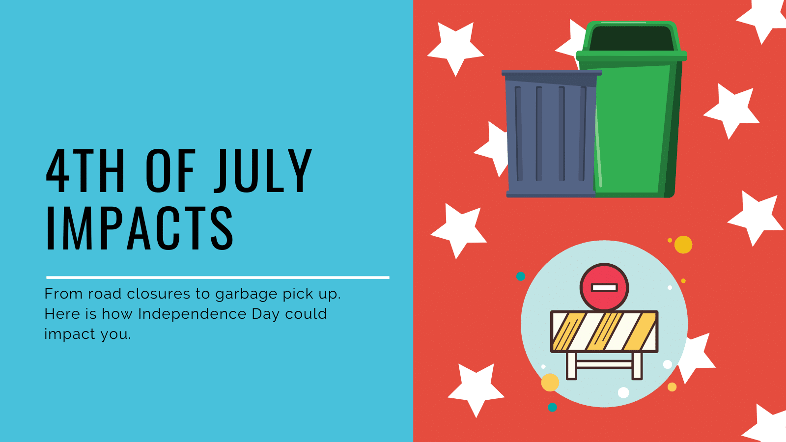 A graphic with a blue and red background features the text 4th of July Impacts. It includes icons of a trash bin and a no-entry sign. White stars decorate the red section. Text below explains potential impacts of Independence Day, such as road closures.