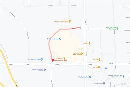 Map showing a highlighted route on Lehmans Loop Road, passing Smiths Marketplace. Nearby landmarks include McDonalds, Culvers, Papa Johns, Lees Schweet Ice Cream, and Maverik Adventures First Stop. Various road names are visible.
