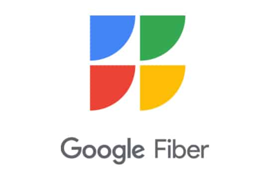 Logo with four interlocking quarter-circles in blue, green, yellow, and red forming a square shape above the text Google Fiber.