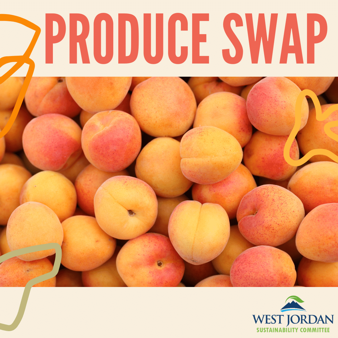 A pile of ripe peaches with the text Produce Swap above them. The logo for the West Jordan Sustainability Committee is at the bottom right corner. Colorful abstract shapes are scattered over the image.