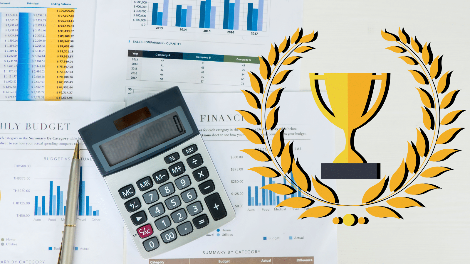 A calculator and pen rest on financial documents with charts and graphs. A golden trophy with laurel leaves is superimposed over the scene, symbolizing financial achievement or success.