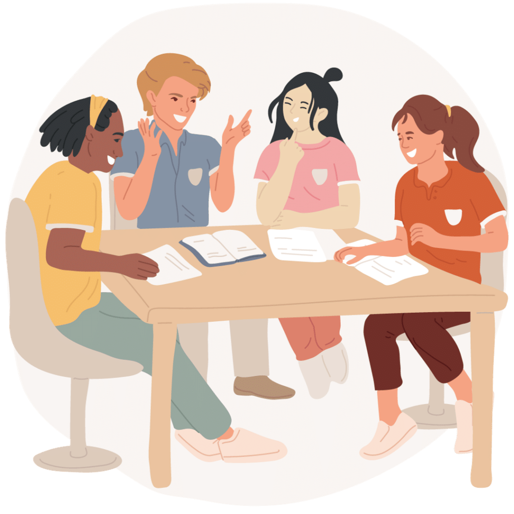 Four diverse people sitting at a table in a lively conversation, with open books and papers in front of them. They appear engaged and focused, suggesting a collaborative study or discussion session.