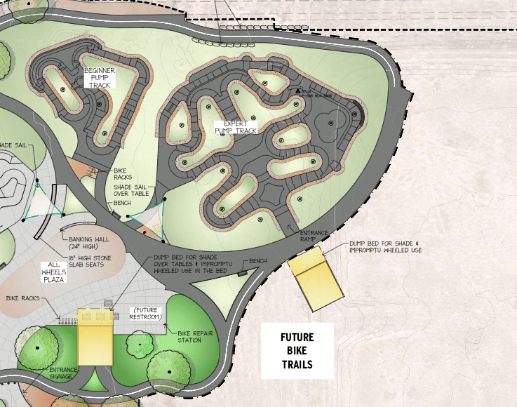Map of Wheels Park showing the Beginner and Expert pump tracks as well as the location for future bike trails