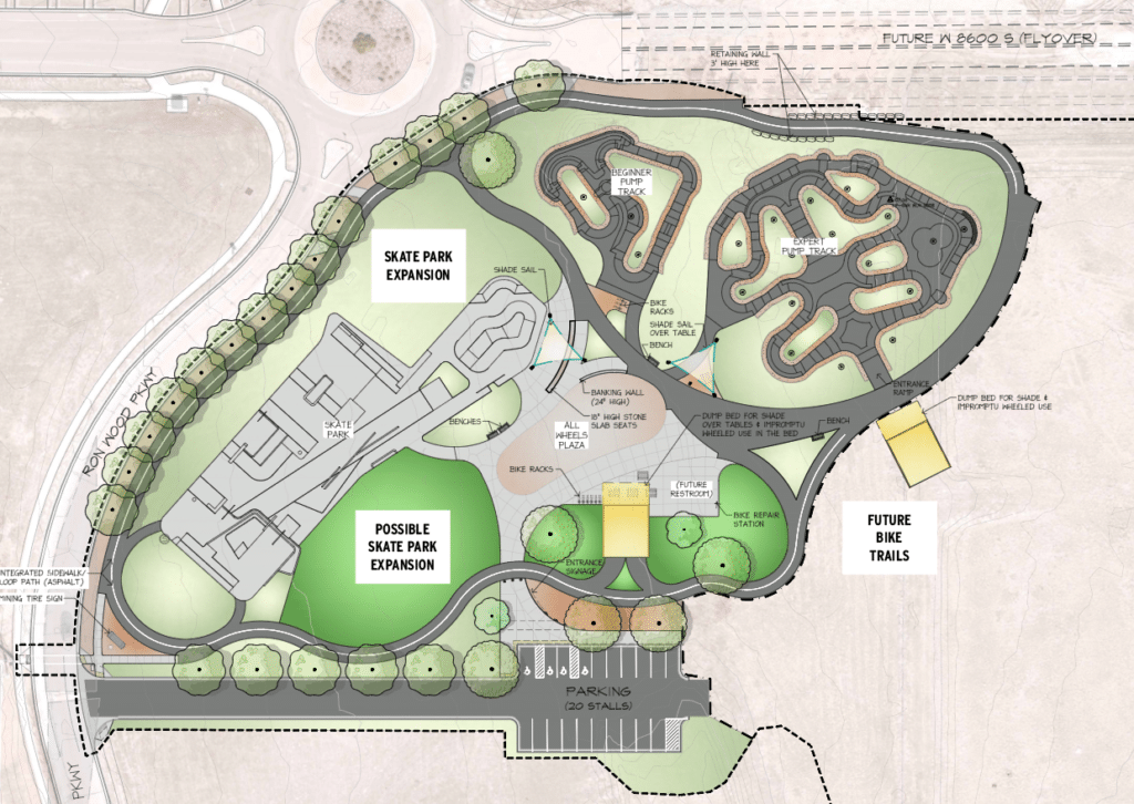 Map of West Jordan Wheels Park showing locations for a Skate Park Expansion, a possible skate park expansion and future bike trails