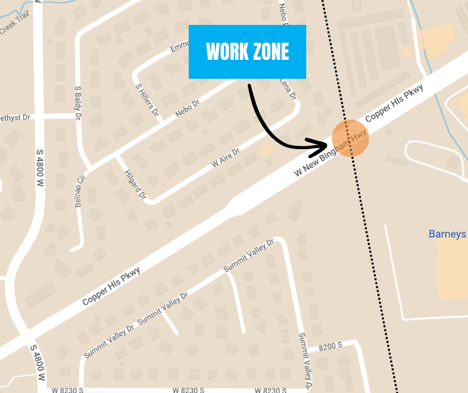 A map showing a work zone labeled inside a blue box, with an arrow pointing to a section of Copper Hills Parkway at W New Bingham Hwy. Nearby streets include W Air Dr, Nebo Dr, and Summit Valley Dr.