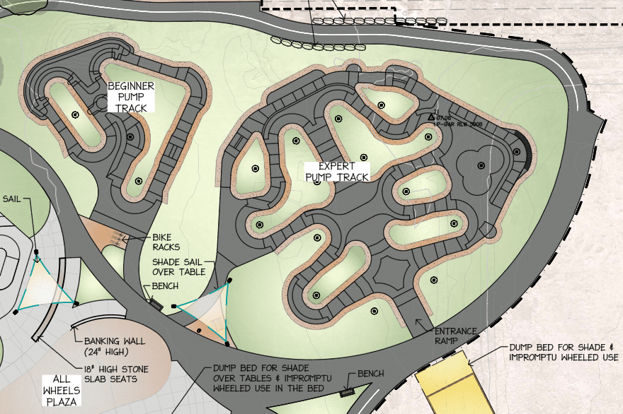 Map of Wheels Park showing the pump track areas