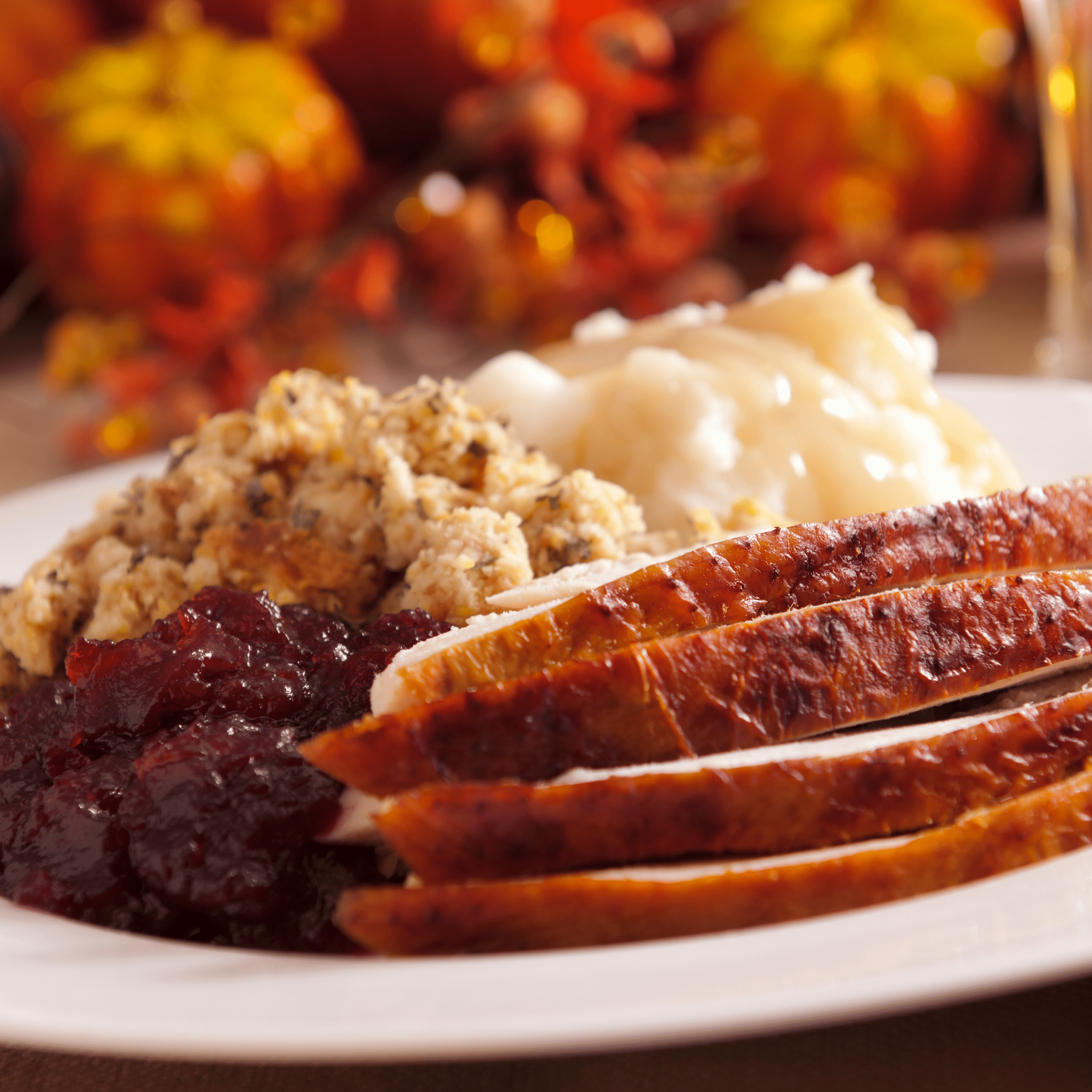 A Thanksgiving meal with sliced turkey, cranberry sauce, stuffing, and mashed potatoes on a white plate. Decorative pumpkins and autumn leaves are blurred in the background.