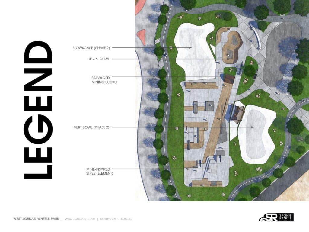 Map of Wheel Park Skate Park showing the location of Flowscape, Bowl, Vert Bowl, Salvaged Mining Bucket, Mini-inspired street elements