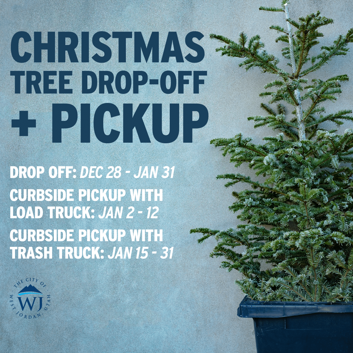 A potted evergreen tree against a blue background. Text details Christmas tree drop-off and pickup dates: drop-off from Dec 28 - Jan 31, curbside pickup with a load truck Jan 2-12, and with a trash truck Jan 15-31. City of West Jordan logo is visible.