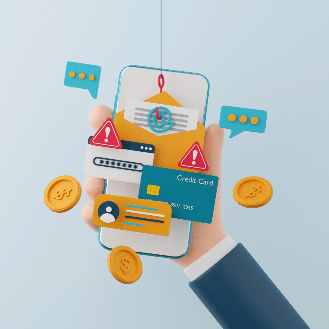 A hand holding a smartphone displaying digital symbols of cybersecurity threats: a phishing hook on an envelope, warning icons, password fields, a credit card, chat bubbles, and dollar coins against a light blue background.