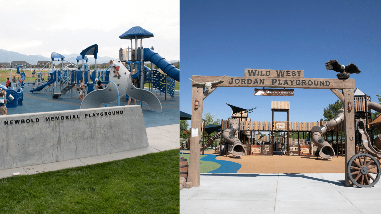 Left: Newbold Memorial Playground with various climbing structures and slides. Right: Wild West Jordan Playground featuring wooden western-themed structures, slides, and a wooden cart wheel at the entrance under a clear blue sky.