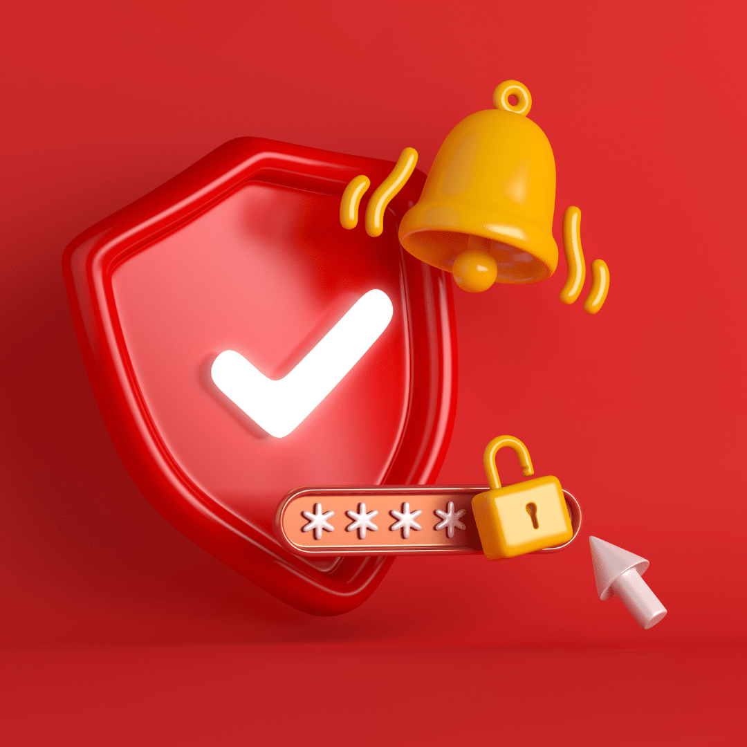 A red shield with a white checkmark, a yellow bell, and a password field with a lock icon are set against a red background, symbolizing security and alert notifications.