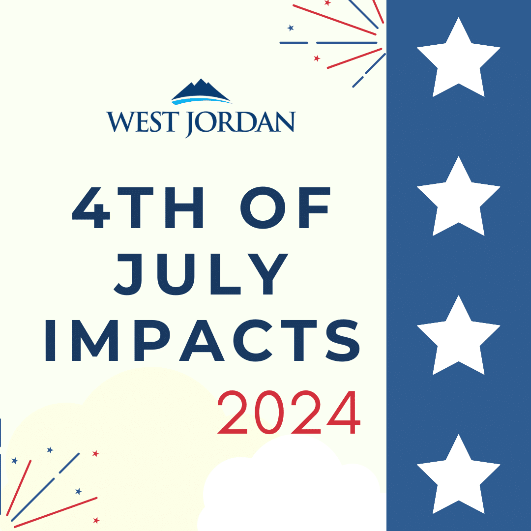 A graphic for West Jordans 4th of July impacts in 2024. It features star graphics on a blue vertical stripe, fireworks, and bold text announcing the events name and year.