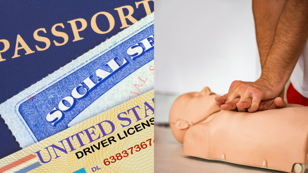 The image is split in two parts: the left side shows a close-up of a passport, social security card, and drivers license. The right side shows a person performing CPR on a training mannequin.
