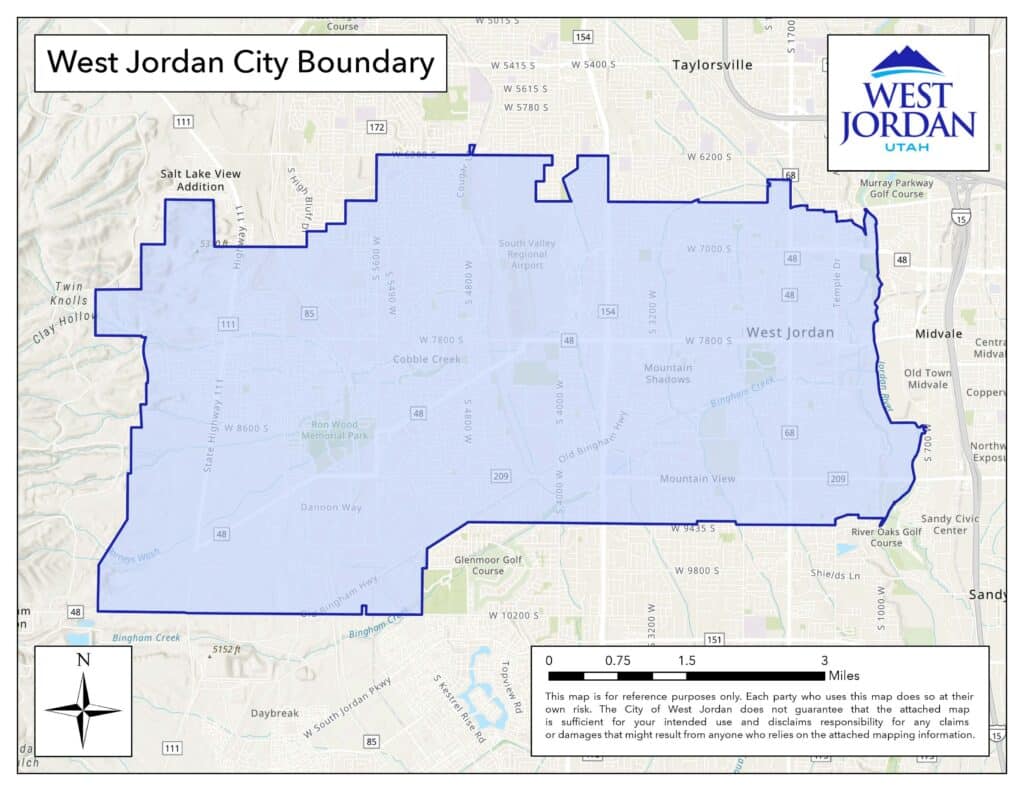 Map showing the boundary of West Jordan City, Utah, highlighted in blue. The area includes regions like South Valley Regional Airport and Mountain View Golf Course. A compass rose and scale bar are at the bottom. The citys logo is in the top right corner.