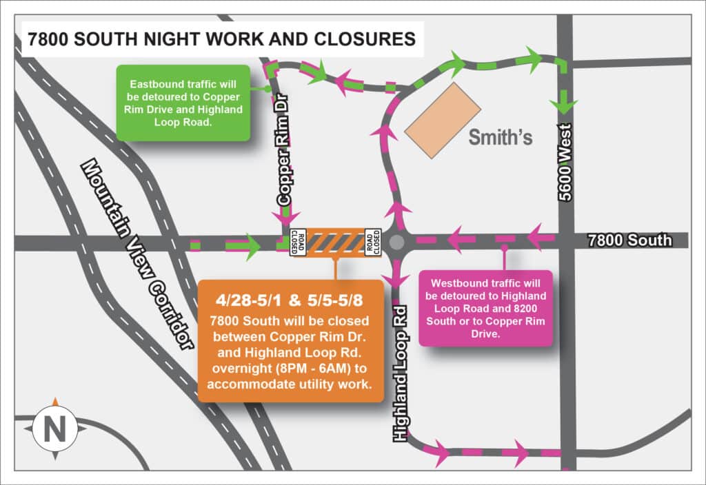 A map shows 7800 South night closures between Copper Rim Dr. and Highland Loop Rd. Traffic is detoured via nearby roads. Arrows indicate detour paths. Closure info and dates are listed in an orange box.