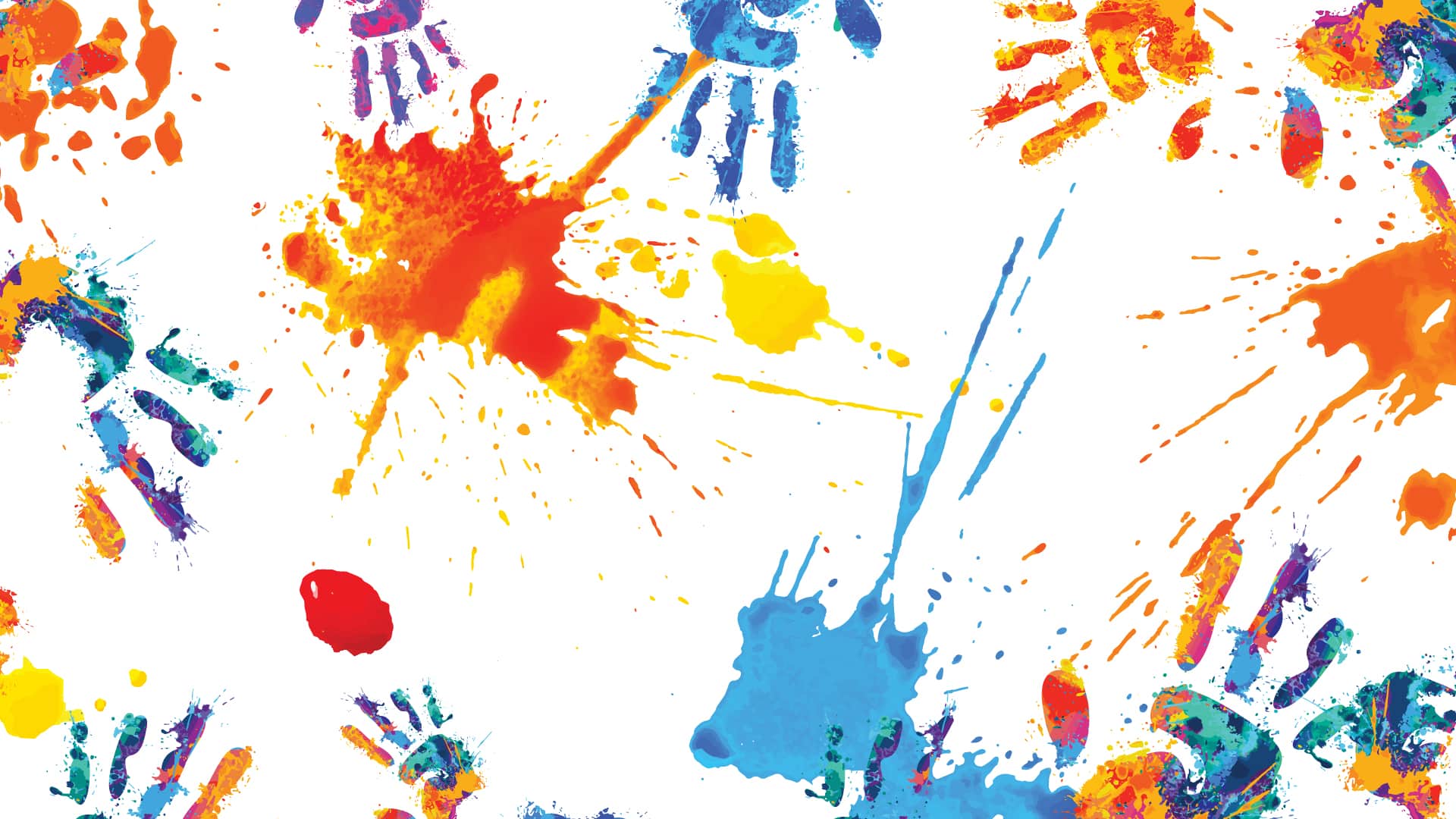 Colorful handprints and paint splatters in red, blue, yellow, and orange scattered across a white background, creating a playful and artistic pattern.