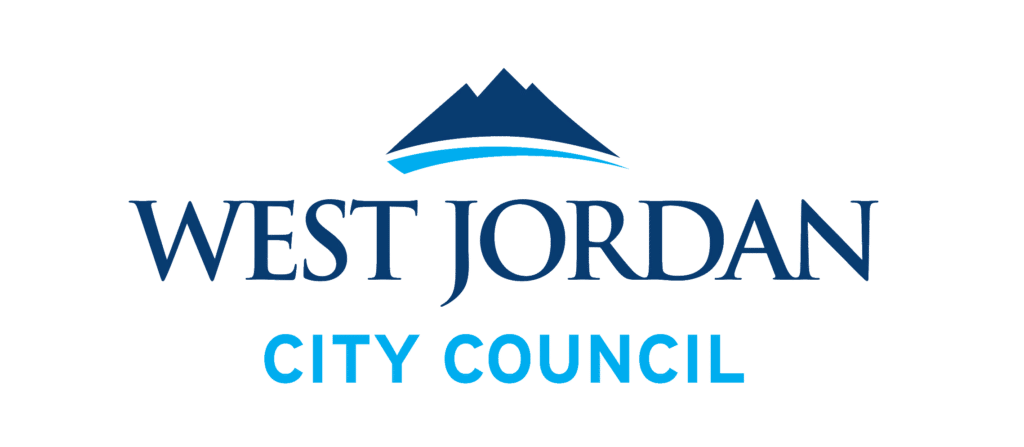 Logo of the West Jordan City Council featuring blue text with WEST JORDAN in dark blue and CITY COUNCIL in light blue below. Above the text is a stylized blue mountain graphic.