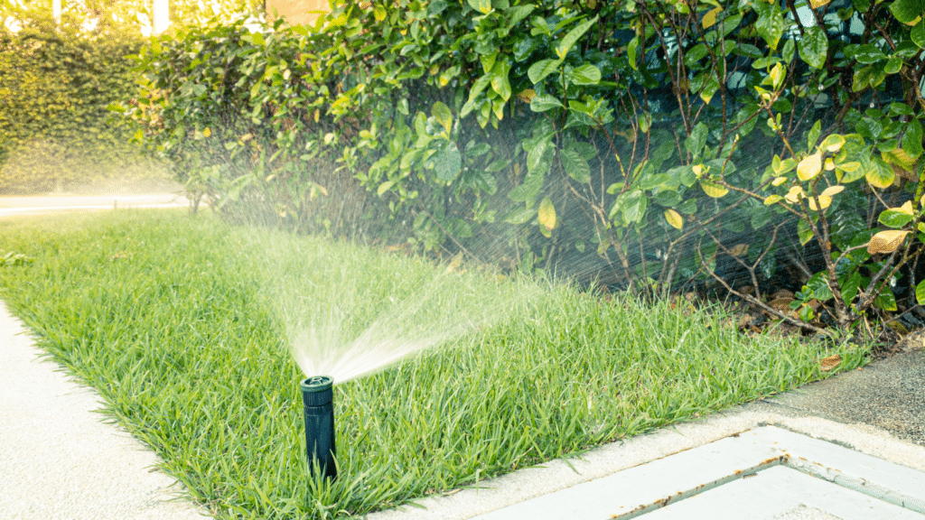 A sprinkler waters a lawn next to a concrete walkway, with a neatly trimmed green hedge in the background on a sunny day.