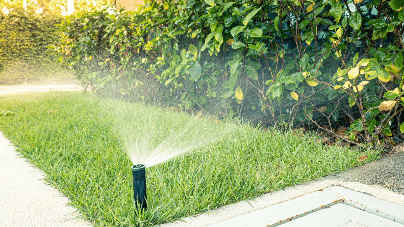 A pop-up sprinkler sprays water over a green lawn next to a hedge and a concrete pathway on a sunny day.
