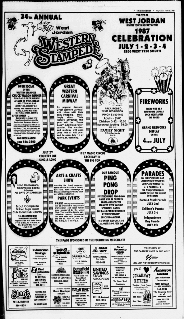 Black-and-white poster for the 1987 West Jordan Western Stampede, listing activities like a rodeo, fireworks, parades, carnival, arts and crafts show, park events, circus, and music. Includes sponsors and event dates.