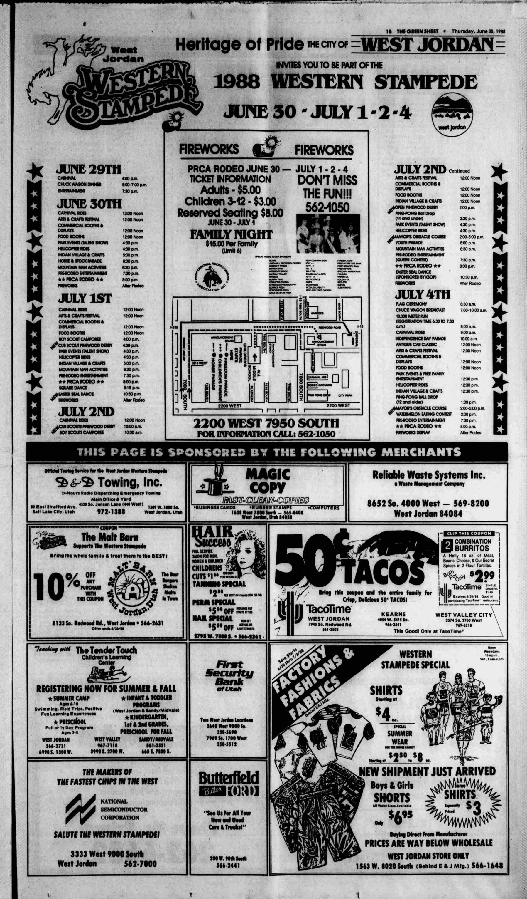 Black-and-white flyer for the 1988 Western Stampede in West Jordan, listing event dates, times, and sponsors. Includes rodeos, fireworks, a parade, family night, and promotional coupons.
