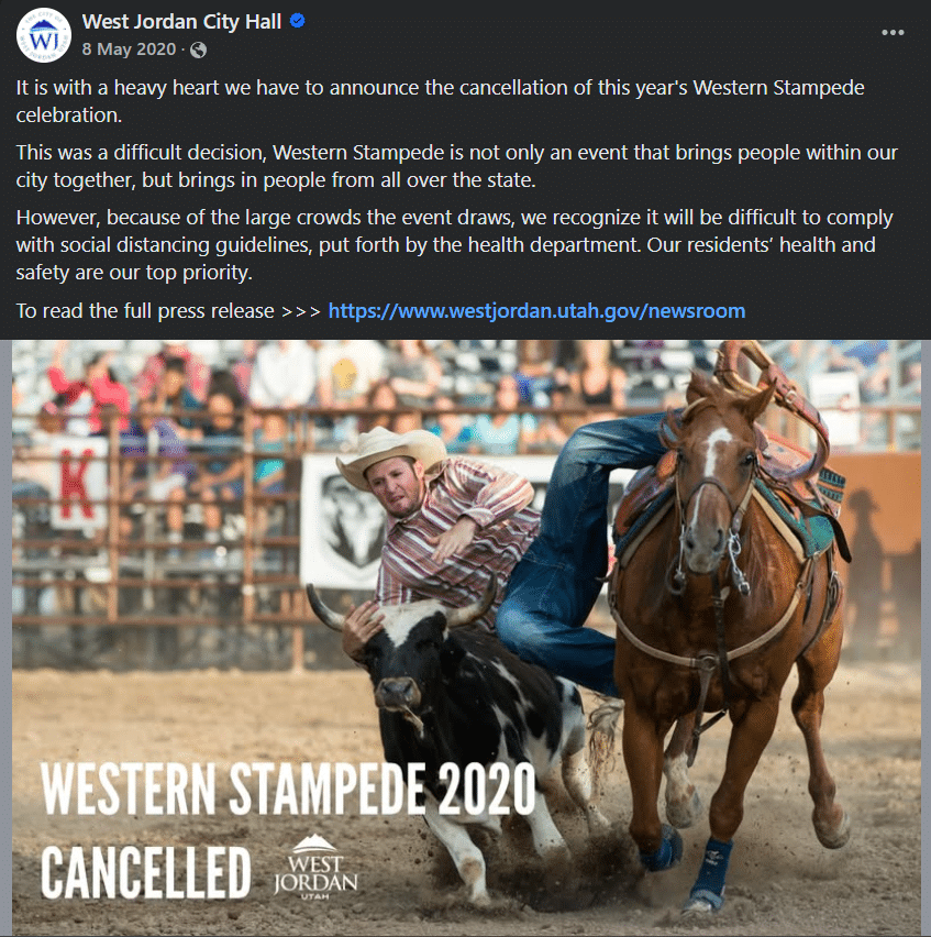 A cowboy on a galloping horse attempts to rope a calf at a rodeo event. Text over the image reads: WESTERN STAMPEDE 2020 CANCELLED. Facebook post announces the event’s cancellation due to COVID-19 concerns.