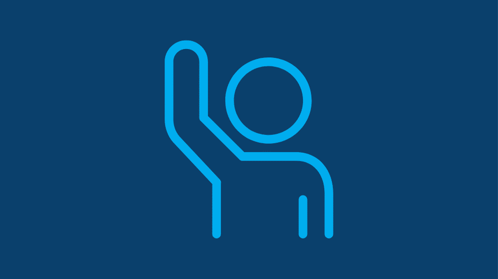 A simple blue outline of a person raising one arm, depicted on a dark blue background. The figure is minimalistic, with a circular head and curved lines for the body and arm.
