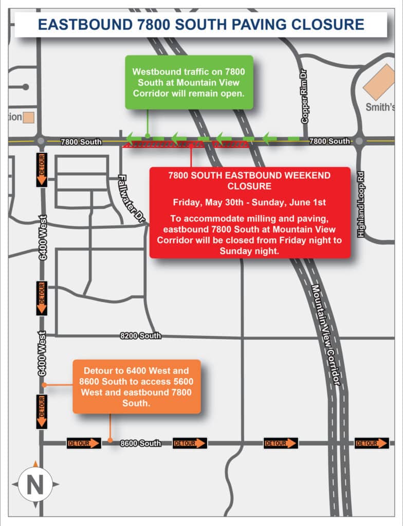 Map showing eastbound 7800 South closed at Mountain View Corridor from May 30 to June 1 for paving. Westbound traffic remains open. Detour routes via 6400 West and 8600 South are indicated with arrows.