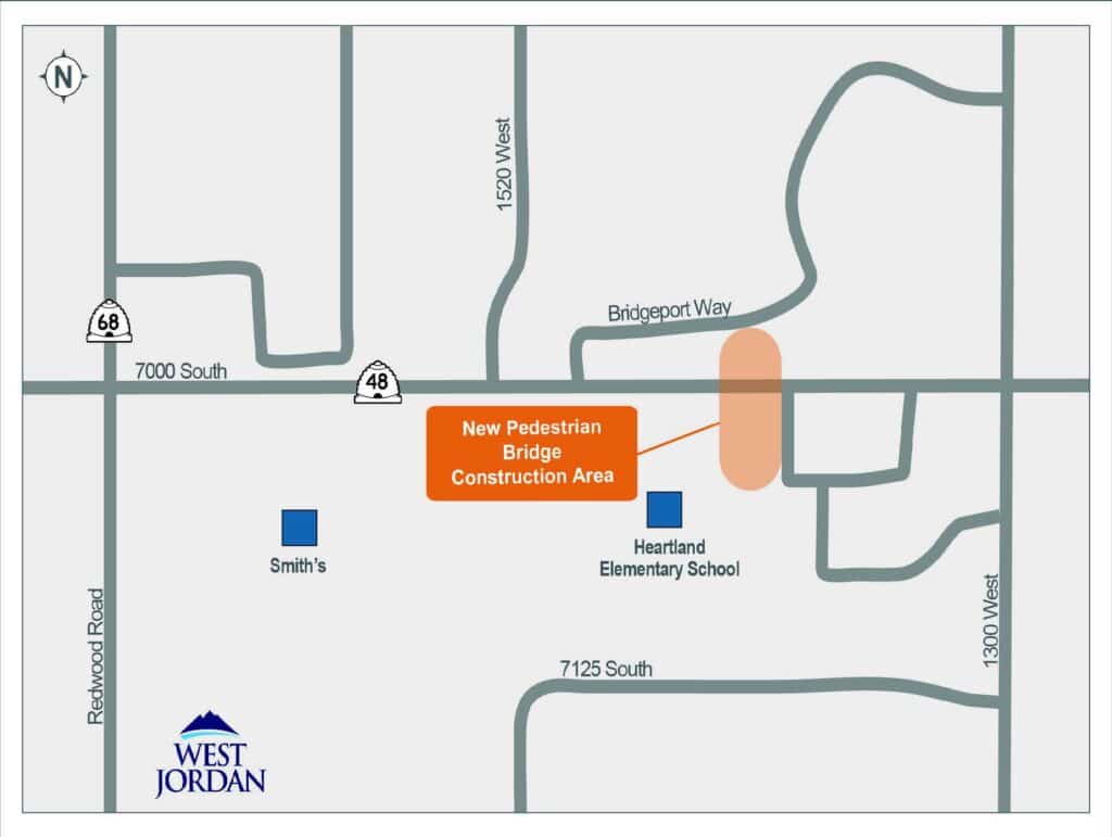 Map showing the location of a new pedestrian bridge construction area near Heartland Elementary School, between 1520 West and 1300 West, and north of 7125 South in West Jordan, Utah.