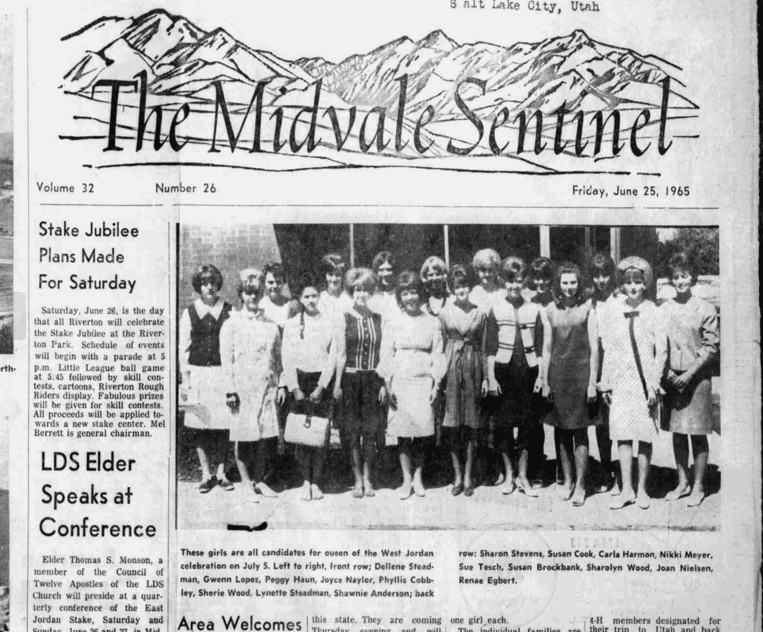 A black-and-white newspaper page from The Midvale Sentinel dated June 25, 1965, featuring a group photo of 16 women in dresses, posing outside, with articles and headlines surrounding the image.